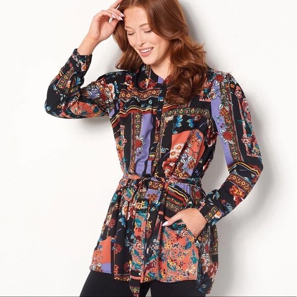 Tolani Collection Tie Front Tunic Long Sleeve - Picture 1 of 7